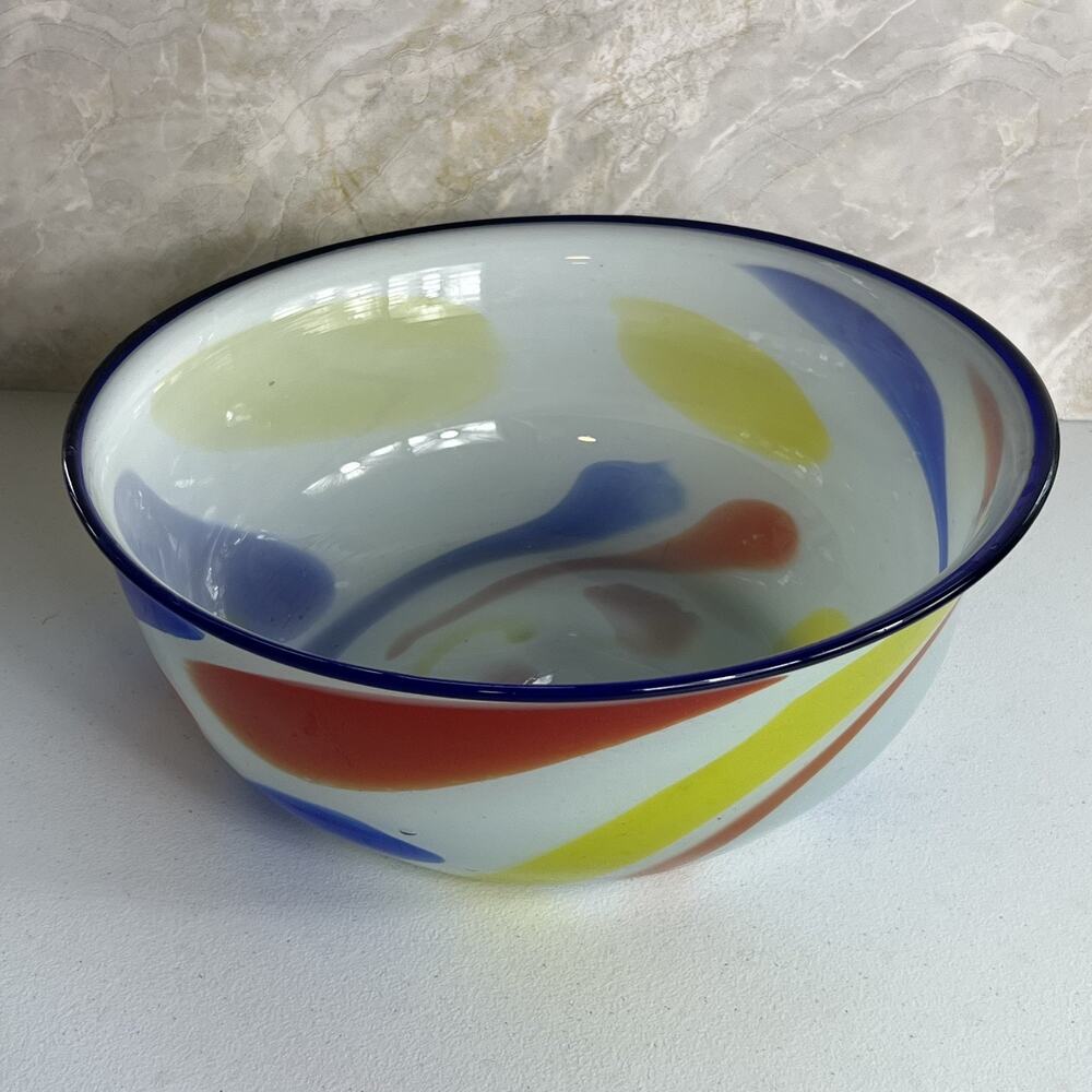 Vintage Glass Bowl 13 x 5" Hand Blown Retro White Yellow Blue Red Vintage